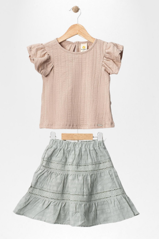 Fırfır Kollu Tişört ve Fistolu Etek 2'li  Kız Çocuk Takımı KAHVE - 8 Yaş