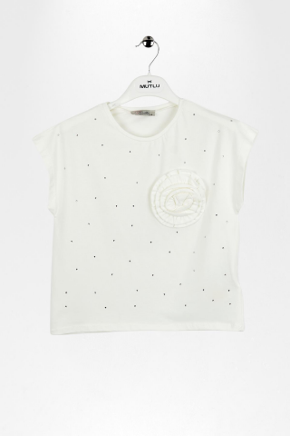 Çiçek Aplikeli Taş İşlemeli Kız Çocuk Tişört Mavi - 9 Yaş