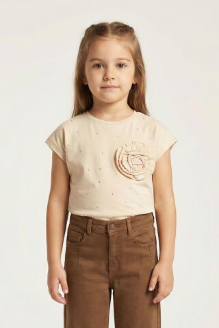 Çiçek Aplikeli Taş İşlemeli Kız Çocuk Tişört Mavi - 9 Yaş