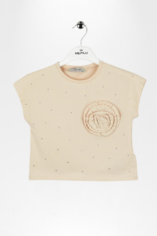 Çiçek Aplikeli Taş İşlemeli Kız Çocuk Tişört Siyah - 9 Yaş