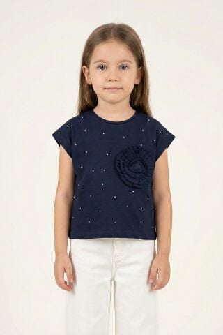 Çiçek Aplikeli Taş İşlemeli Kız Çocuk Tişört Mavi - 9 Yaş