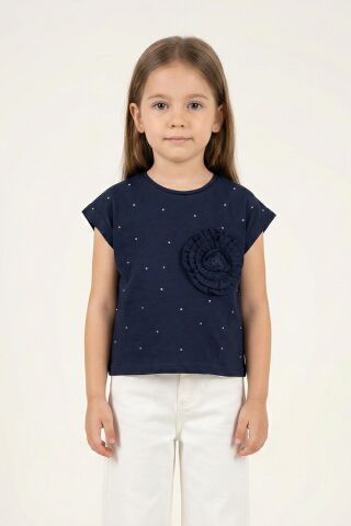 Çiçek Aplikeli Taş İşlemeli Kız Çocuk Tişört Siyah - 9 Yaş