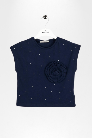 Çiçek Aplikeli Taş İşlemeli Kız Çocuk Tişört Mavi - 9 Yaş