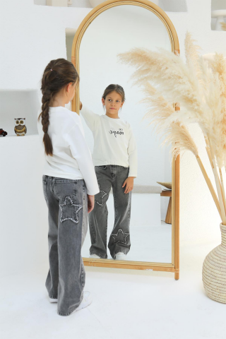 YILDIZ APLİKE KIZ KOT PANTOLON ORTA MAVİ KAR - 10 Yaş