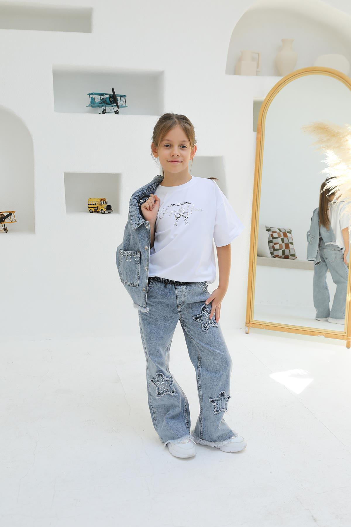 YILDIZ APLİKE KIZ KOT PANTOLON ORTA MAVİ KAR - 10 Yaş