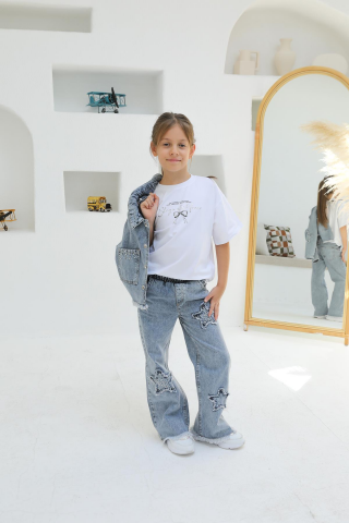 YILDIZ APLİKE KIZ KOT PANTOLON ORTA MAVİ KAR - 10 Yaş