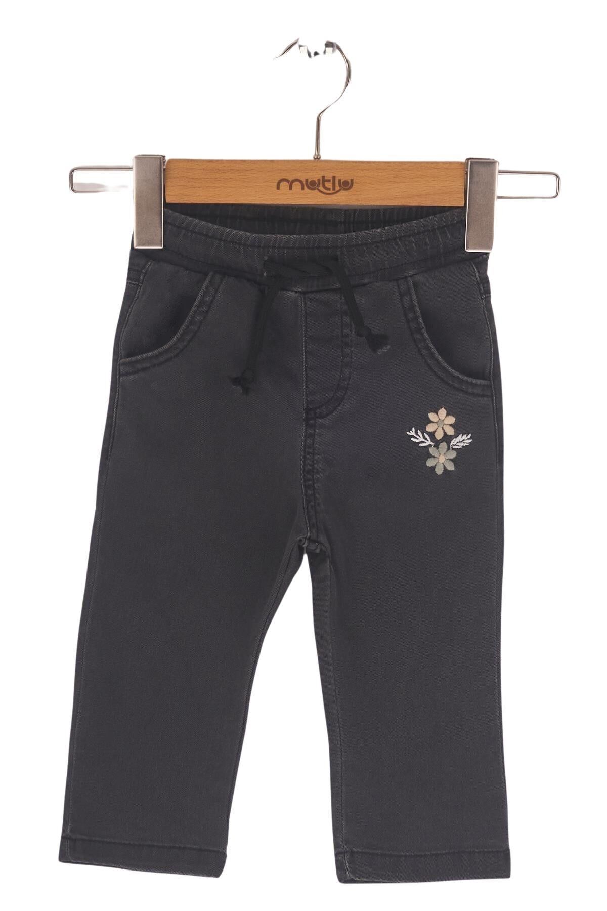 Mutlu Kids Çiçek Nakışlı Kız Bebek Pantolon Füme - 24-30 Ay