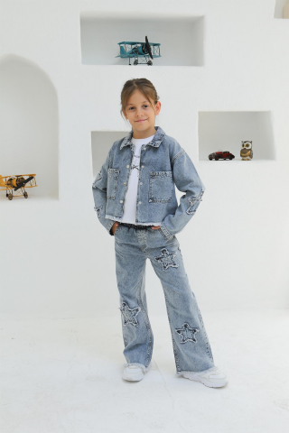 YILDIZ APLİKE KIZ KOT PANTOLON ORTA MAVİ KAR - 9 Yaş