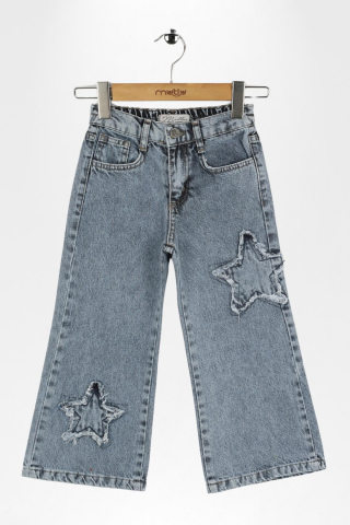 YILDIZ APLİKE KIZ KOT PANTOLON ORTA MAVİ KAR - 9 Yaş