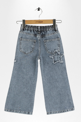 YILDIZ APLİKE KIZ KOT PANTOLON ORTA MAVİ KAR - 9 Yaş