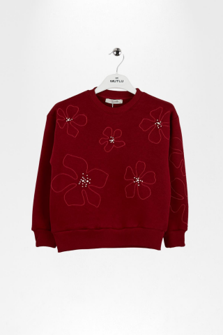 NAKIŞLI VE TAŞLI KIZ SWEATSHIRT Bordo - 8 Yaş