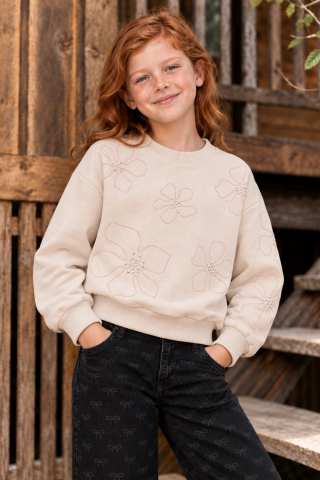 NAKIŞLI VE TAŞLI KIZ SWEATSHIRT Pudra - 8 Yaş