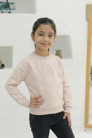 NAKIŞLI VE TAŞLI KIZ SWEATSHIRT Pudra - 9 Yaş
