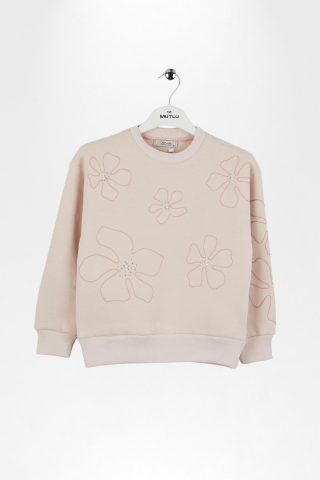 NAKIŞLI VE TAŞLI KIZ SWEATSHIRT Pudra - 9 Yaş