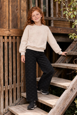 NAKIŞLI VE TAŞLI KIZ SWEATSHIRT Pudra - 9 Yaş