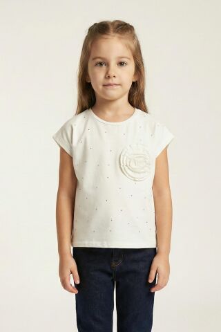 Çiçek Aplikeli Taş İşlemeli Kız Çocuk Tişört Beyaz - 9 Yaş