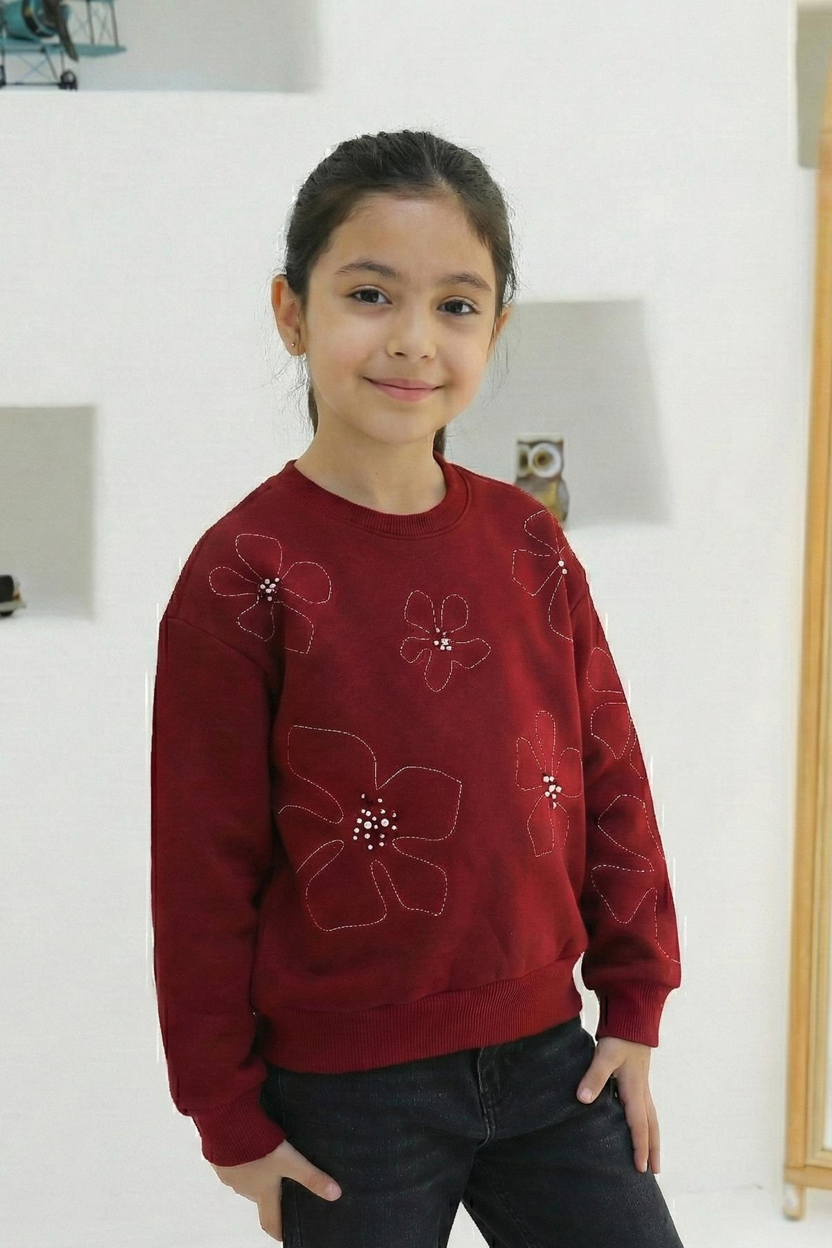 NAKIŞLI VE TAŞLI KIZ SWEATSHIRT Bordo