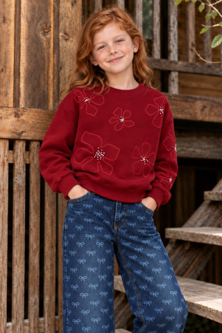 NAKIŞLI VE TAŞLI KIZ SWEATSHIRT Bordo