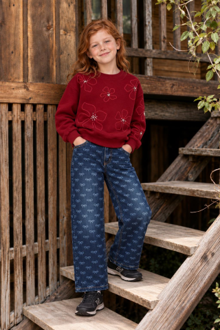 NAKIŞLI VE TAŞLI KIZ SWEATSHIRT Bordo