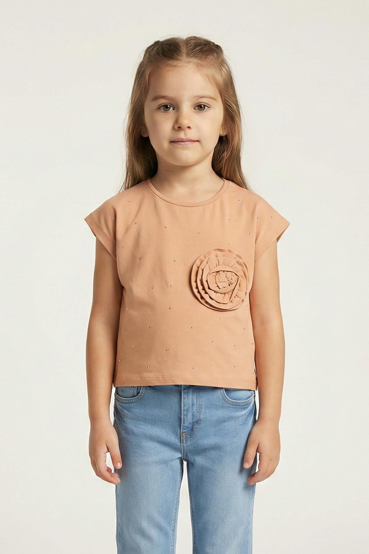 Çiçek Aplikeli Taş İşlemeli Kız Çocuk Tişört Pudra - 9 Yaş