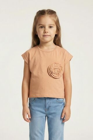 Çiçek Aplikeli Taş İşlemeli Kız Çocuk Tişört Pudra - 9 Yaş