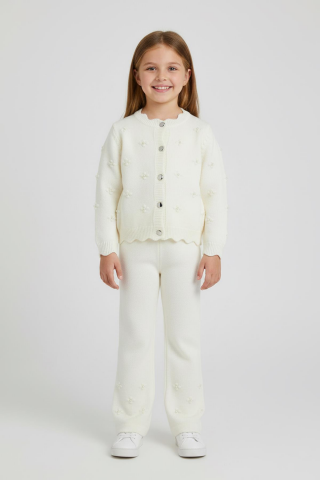 İNCİLİ ÇİÇEKLİ KIZ TRİKO TAKIM EKRU - 9 Yaş