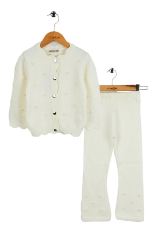 İNCİLİ ÇİÇEKLİ KIZ TRİKO TAKIM EKRU - 9 Yaş