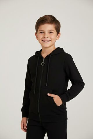 Mutlu Kanguru Cepli Uzun Kol Unisex Hırka Siyah - 3 Yaş