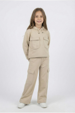 CEP DETAYLI KIZ ŞARDONLU TAKIM Krem - 9 Yaş