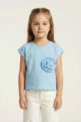 Çiçek Aplikeli Taş İşlemeli Kız Çocuk Tişört Mavi - 9 Yaş