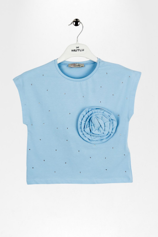 Çiçek Aplikeli Taş İşlemeli Kız Çocuk Tişört Mavi - 9 Yaş