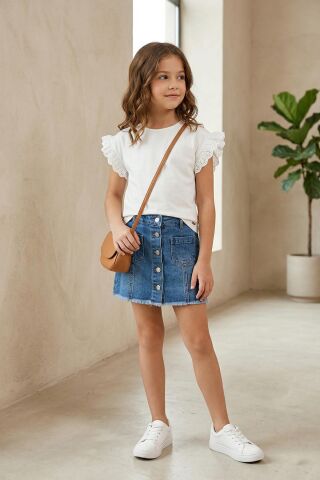 Fırfır Kol Detaylı Kısa Kol Regular Kız Çocuk Tişört Pudra - 9 Yaş