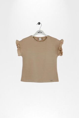 Fırfır Kol Detaylı Kısa Kol Regular Kız Çocuk Tişört Bej - 5 Yaş
