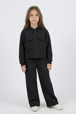 CEP DETAYLI KIZ ŞARDONLU TAKIM Siyah - 9 Yaş