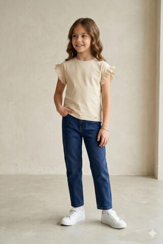 Fırfır Kol Detaylı Kısa Kol Regular Kız Çocuk Tişört Bej - 5 Yaş