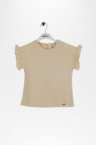Fırfır Kol Detaylı Kısa Kol Regular Kız Çocuk Tişört Bej - 5 Yaş