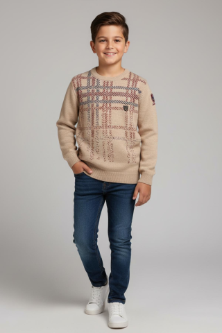 Mutlu Kids Dirsek Yama Detaylı Erkek Çocuk Kazak Bej - 7-8 Yaş