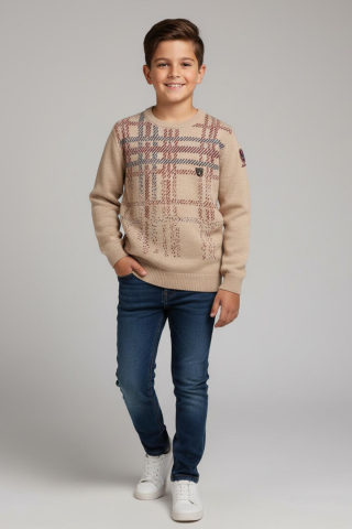 Mutlu Kids Dirsek Yama Detaylı Erkek Çocuk Kazak Bej - 7-8 Yaş