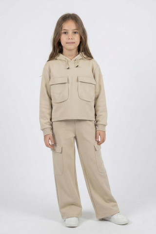 CEP DETAYLI KIZ ŞARDONLU TAKIM Krem - 9 Yaş
