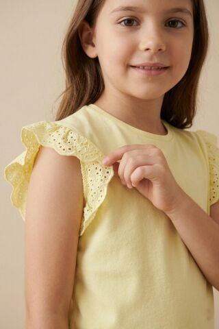 Fırfır Kol Detaylı Kısa Kol Regular Kız Çocuk Tişört Sarı - 9 Yaş