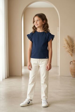 Fırfır Kol Detaylı Kısa Kol Regular Kız Çocuk Tişört Lacivert - 8 Yaş