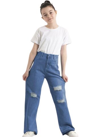 Mutlu Yırtık Detaylı Bol Paça Kız Çocuk Pantolon