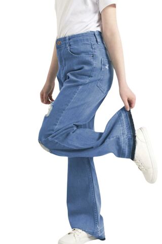 Mutlu Yırtık Detaylı Bol Paça Kız Çocuk Pantolon