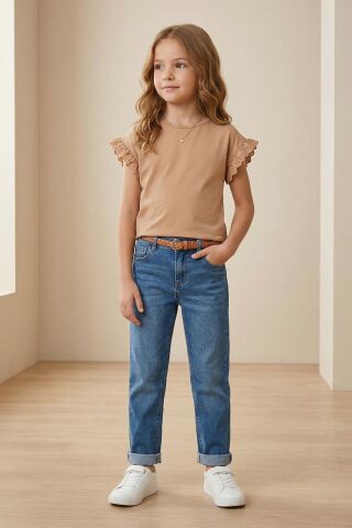 Fırfır Kol Detaylı Kısa Kol Regular Kız Çocuk Tişört Vizon - 9 Yaş