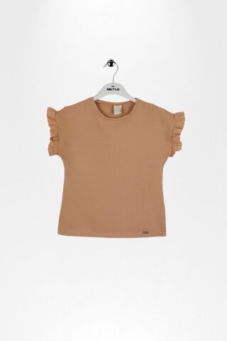 Fırfır Kol Detaylı Kısa Kol Regular Kız Çocuk Tişört Vizon - 9 Yaş