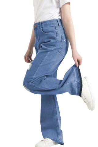 Mutlu Yırtık Detaylı Bol Paça Kız Çocuk Pantolon Açık Mavi - 7 Yaş