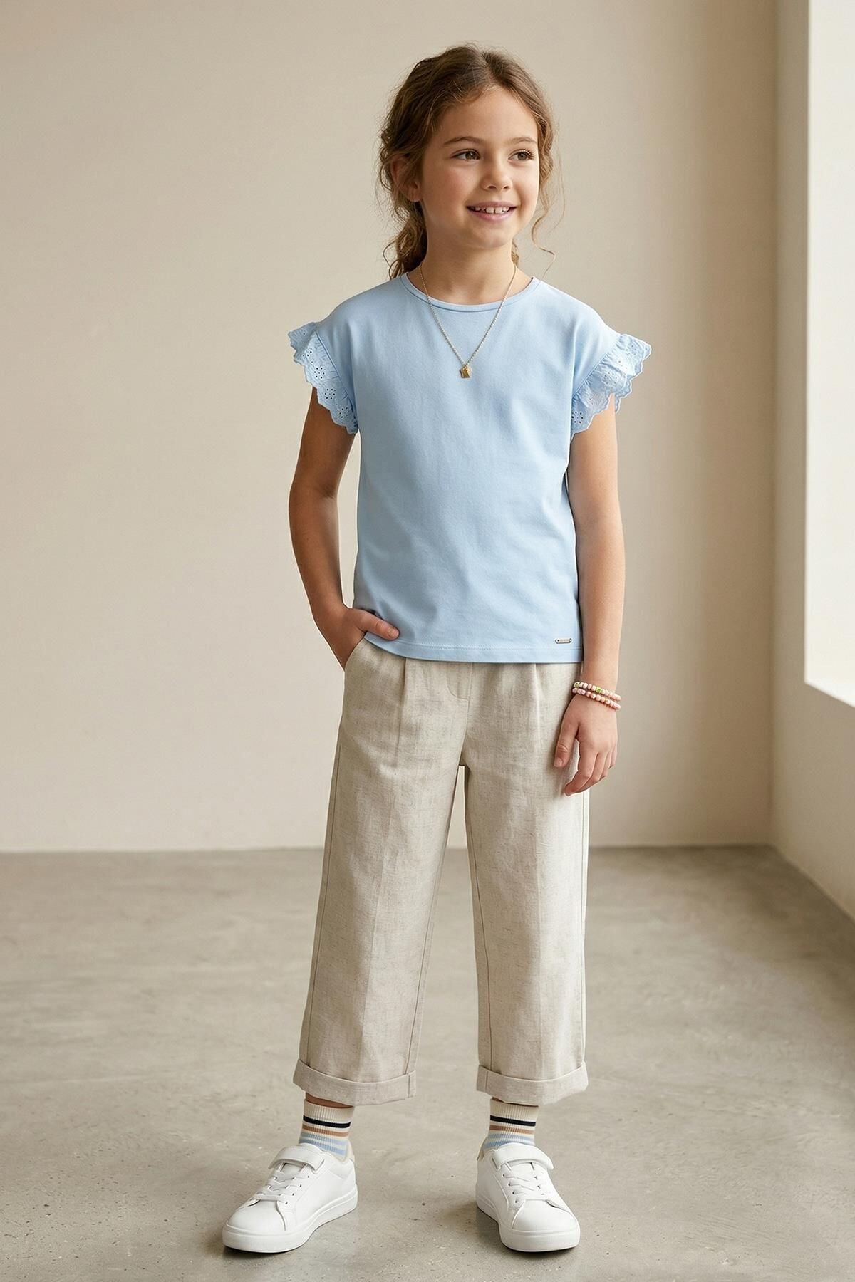 Fırfır Kol Detaylı Kısa Kol Regular Kız Çocuk Tişört Mavi - 8 Yaş