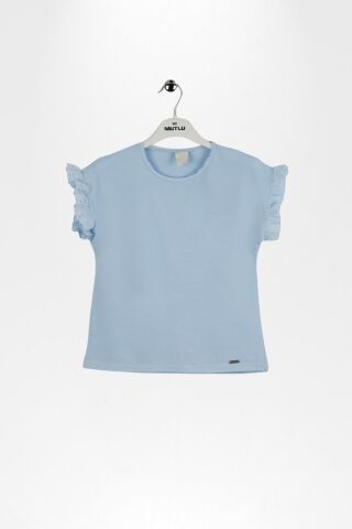 Fırfır Kol Detaylı Kısa Kol Regular Kız Çocuk Tişört Mavi - 8 Yaş