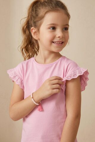 Fırfır Kol Detaylı Kısa Kol Regular Kız Çocuk Tişört Pudra - 8 Yaş