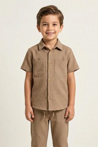 Erkek Çocuk Kısa Kollu Çizgili Gömlek Vizon - 8 Yaş